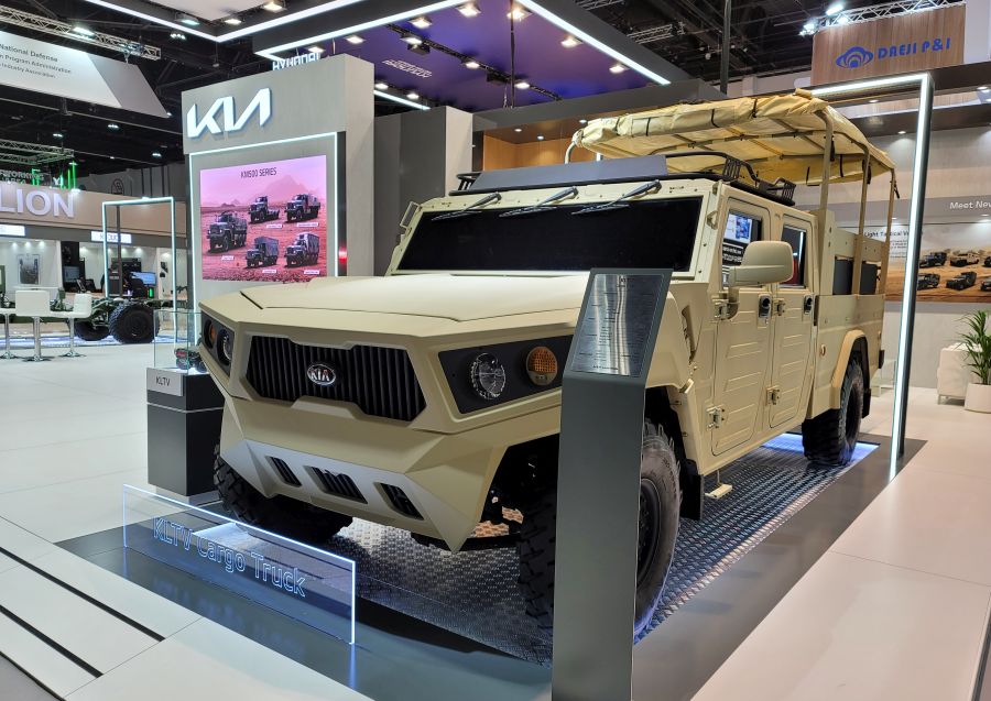 Kia displays Light Tactical Cargo Truck and Bare Chassis concepts at the IDEX defense exhibition in the UAE.